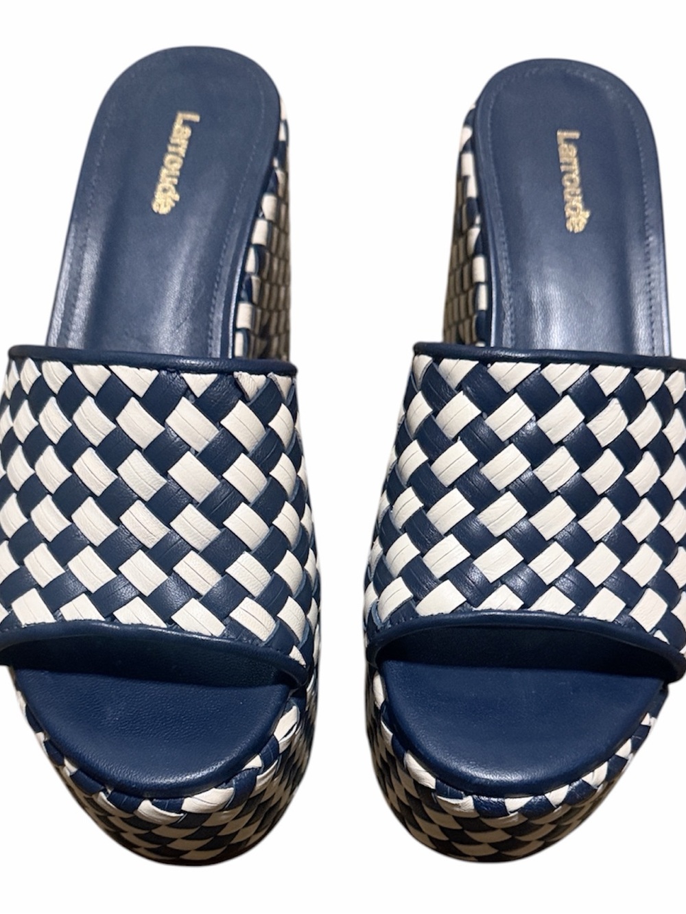 Larroudé Miso Platform Sandal Sz 6 - Navy Blue and Ivory Leather